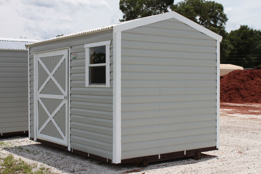 Gray aluminum storage shed delivered fully assembled